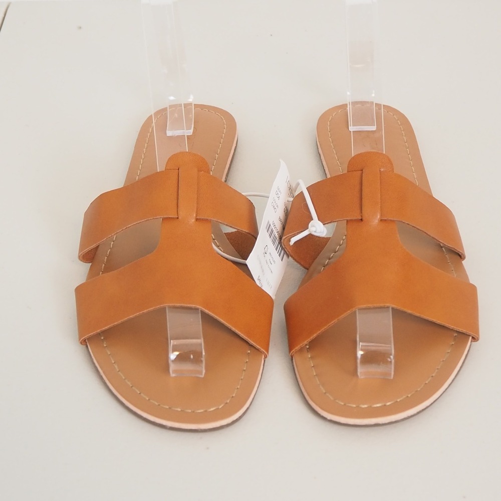 J.Crew Women's Size 7 Tan Brown Leather Slide Sandals Flat Slip On "H" Shape - Picture 2 of 11